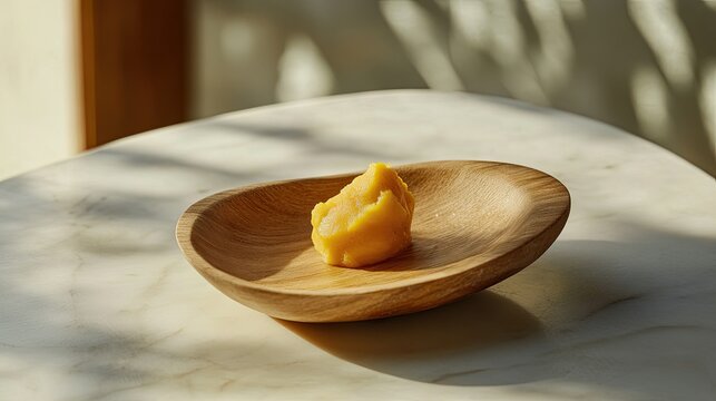 A small wooden plate with a tablespoon of finely mashed pumpkin.