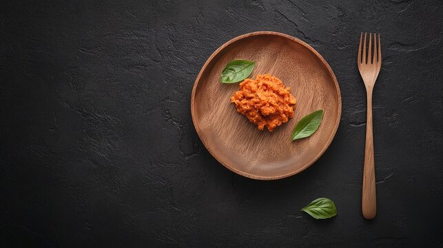 A small wooden plate with a tablespoon of finely mashed pumpkin.