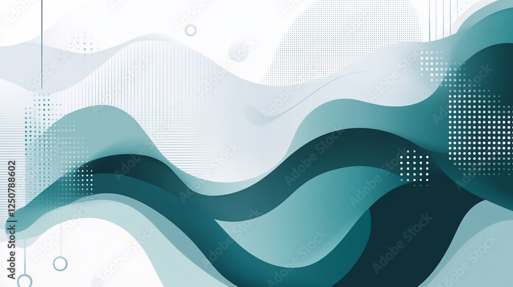 Poster abstract waves in teal and white with geometric elements a modern background