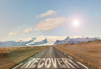 A serene landscape features a winding road labeled RECOVERY, set against a stunning mountain...