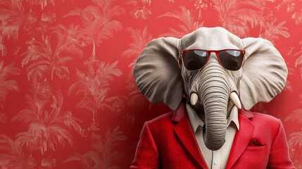 Elephant Mask, Red Blazer, Humorous Portrait Against Red Patterned Background