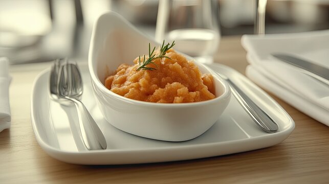 A tiny dish with a tablespoon of blended carrots on a feeding tray.