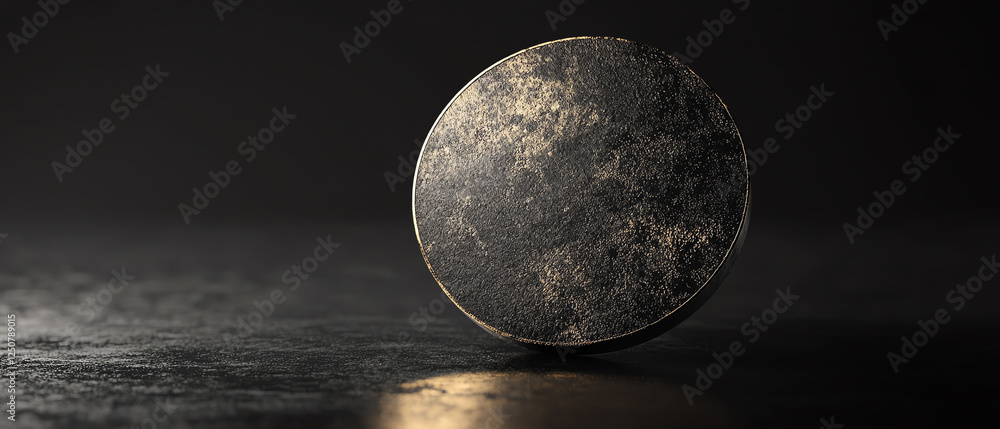 Poster a close-up view of a metallic disc on a dark surface, showcasing its unique texture and reflective q