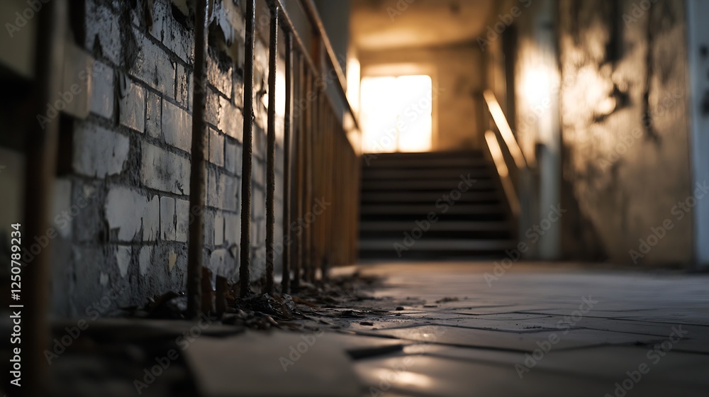 Aufkleber Abandoned corridor with light streaming through the windows creating a haunting atmosphere : Generative AI