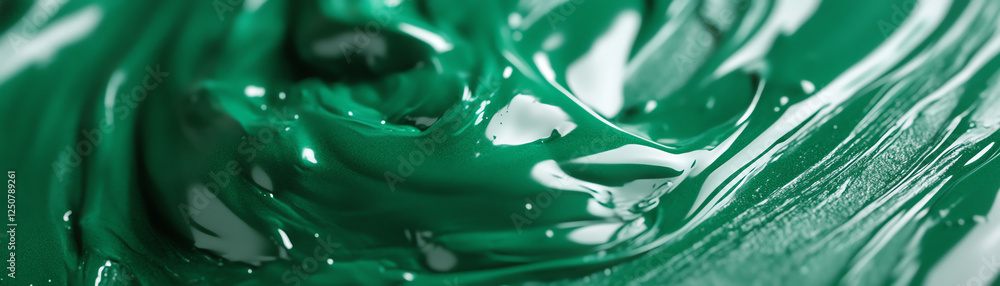 Poster a close-up view of a rich green paint texture. the glossy surface creates a captivating visual of fl