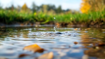 A serene water surface capturing droplets from ripples in a tranquil natural setting surrounded by greenery : Generative AI