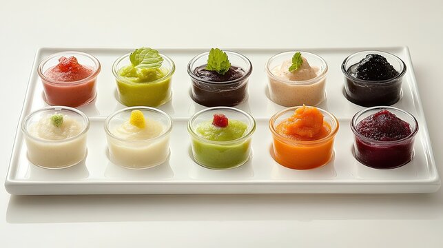 A tray of various mashed baby foods, each with a single tablespoon portion.