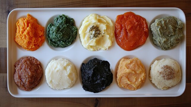 A tray of various mashed baby foods, each with a single tablespoon portion.