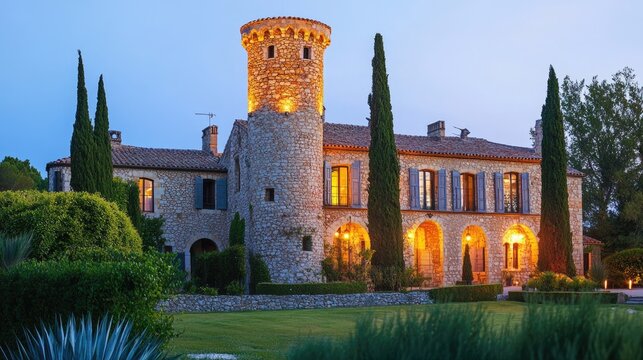 Evening at the Chateau of Puissalicon in Languedoc: A Serene Landscape of Green Vineyards in the Heart of France