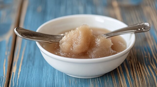A white bowl with a first tablespoon of soft blended banana puree.
