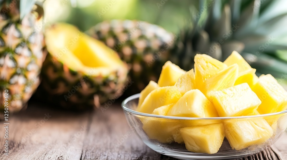 Poster fresh and tropical pineapple pieces displayed beautifully with whole pineapples in a bright setting 