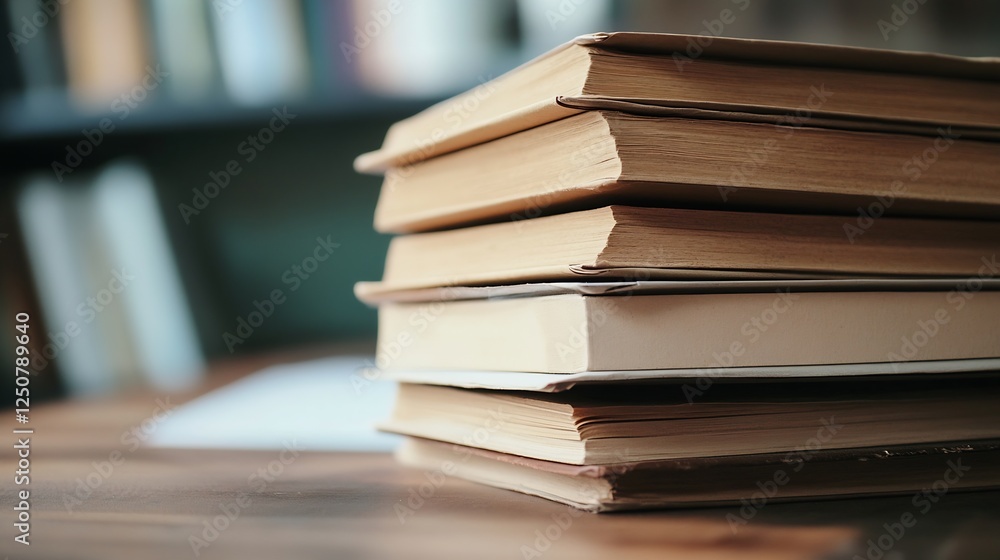 Poster carefully arranged stack of new books on a wooden desk showcasing literature and educational resourc