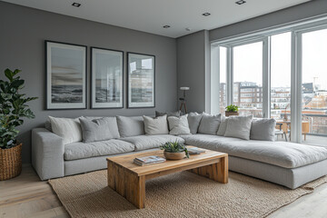 Fototapeta premium Modern living room interior with sectional sofa, city view, and artwork
