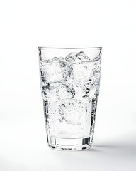 A clear glass filled with ice cubes and sparkling water, set against a plain white background