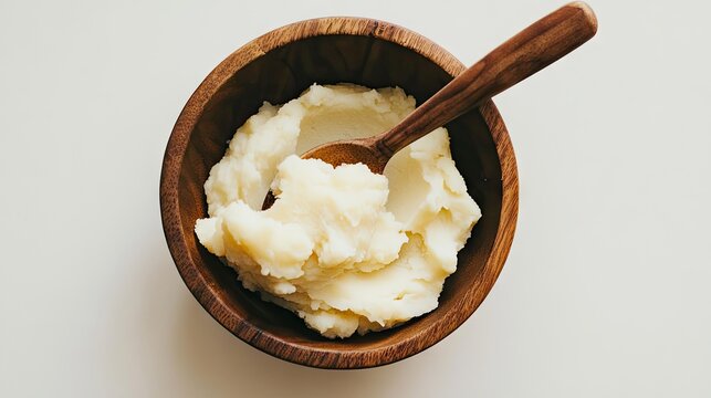 A wooden bowl with a tablespoon of mashed potatoes and water.