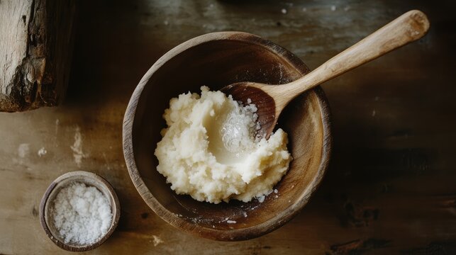 A wooden bowl with a tablespoon of mashed potatoes and water.