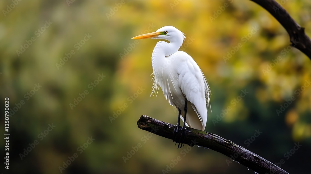 Aufkleber egrets perched gracefully on a branch surrounded by autumn foliage in a peaceful setting : generativ