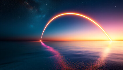 A vibrant sunset over calm waters, with a colorful arc of light reflecting beautifully on the surface, set against a starry sky.