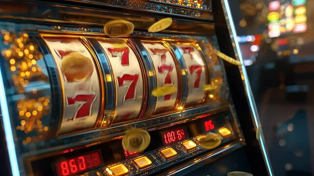 Slot machine reels spin rapidly, displaying lucky sevens and showering golden coins, creating a sense of winning and excitement; ideal for casino, gambling, or jackpot footage.