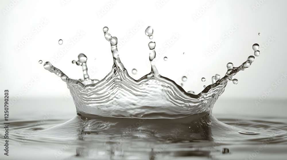 Poster dramatic water splash creating an elegant crown shaped wave pattern on a minimalist monochrome backg