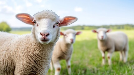 Obraz premium Group of fluffy sheep peacefully grazing in a lush green field under clear blue skies : Generative AI