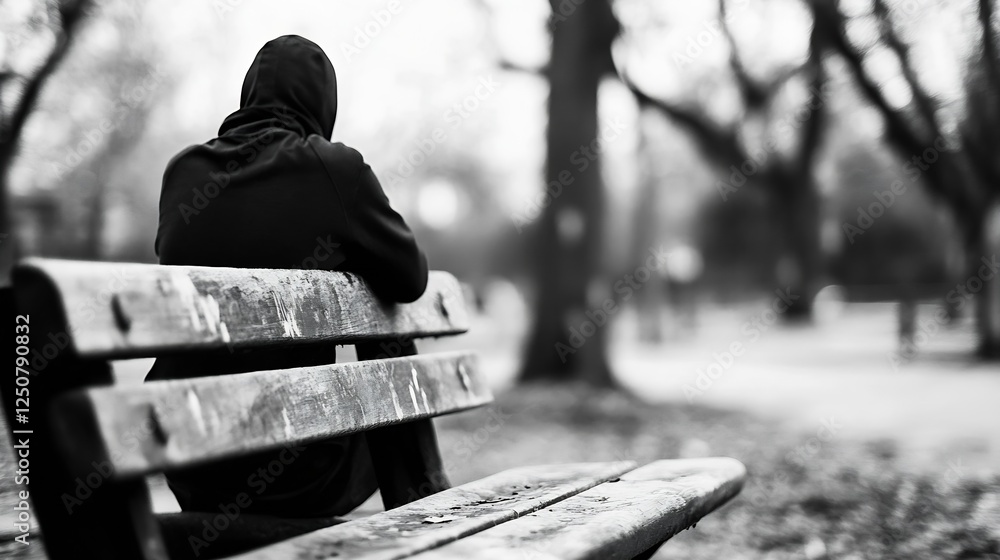 Poster a hooded figure sitting on a rustic bench in a park surrounded by blurred trees creates a contemplat