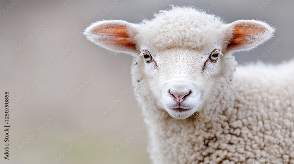 Poster Adorable close up of a fluffy white sheep showcasing its exquisite features and gentle expression in soft light : Generative AI