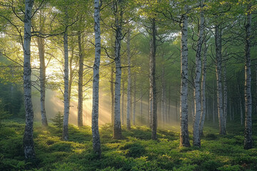 Obraz premium Sunrise through birch trees in misty forest