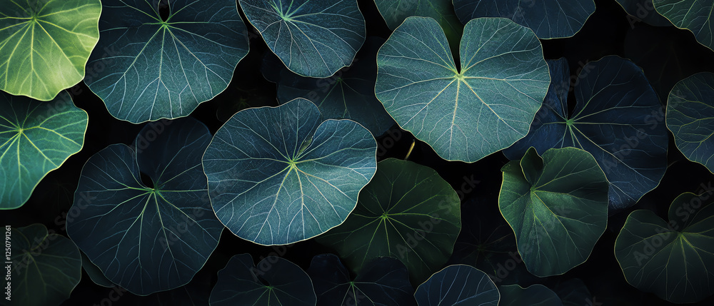 Poster a close-up view of lush green leaves displaying intricate veins and a beautiful array of shades