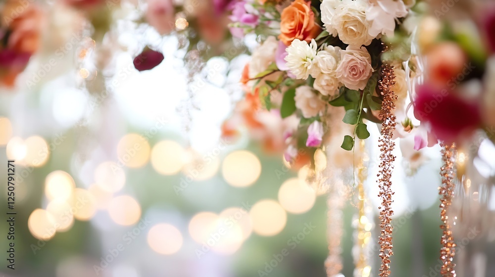 Poster Elegant floral arrangement with soft colors and bokeh lights creating a dreamy romantic atmosphere for events : Generative AI