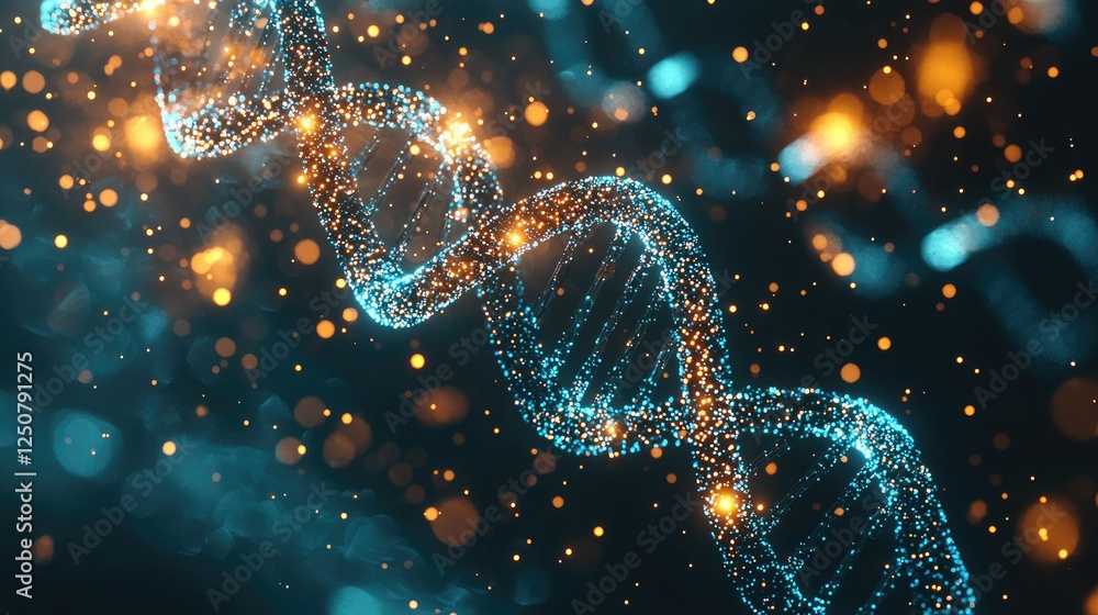 Poster abstract dna structure with sparkling lights and glowing particles