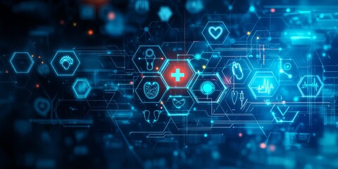 Digital interface featuring abstract health and technology icons with interconnected symbols