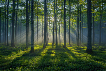 Obraz premium Sunbeams illuminate misty forest floor, creating peaceful nature scene. Ideal for backgrounds