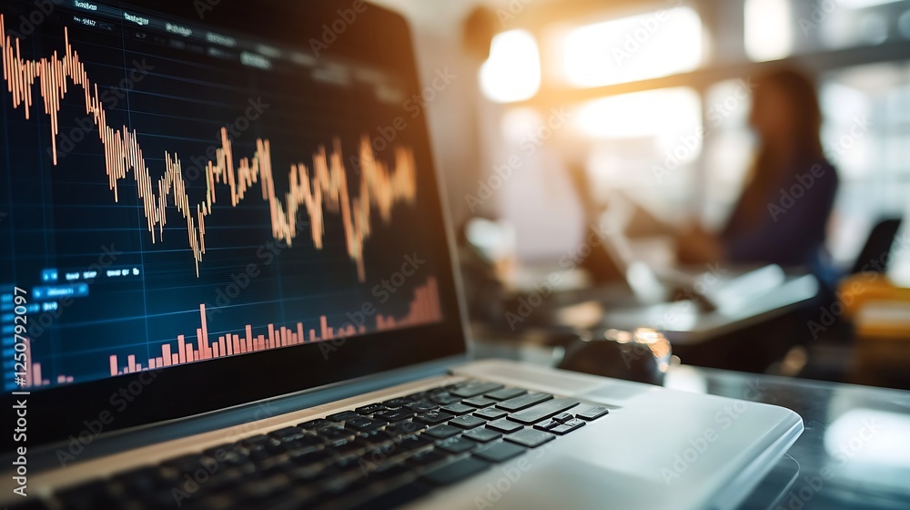 Aufkleber Analytical Laptop Displaying Stock Market Trends and Financial Data in a Modern Office Environment : Generative AI