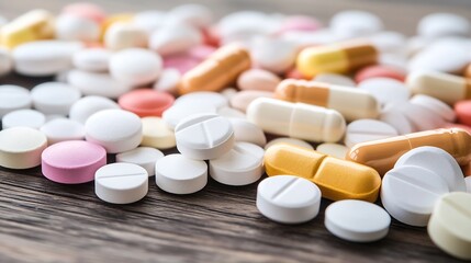 A CloseUp of a Variety of Colorful Pills and Capsules on Wooden Table : Generative AI