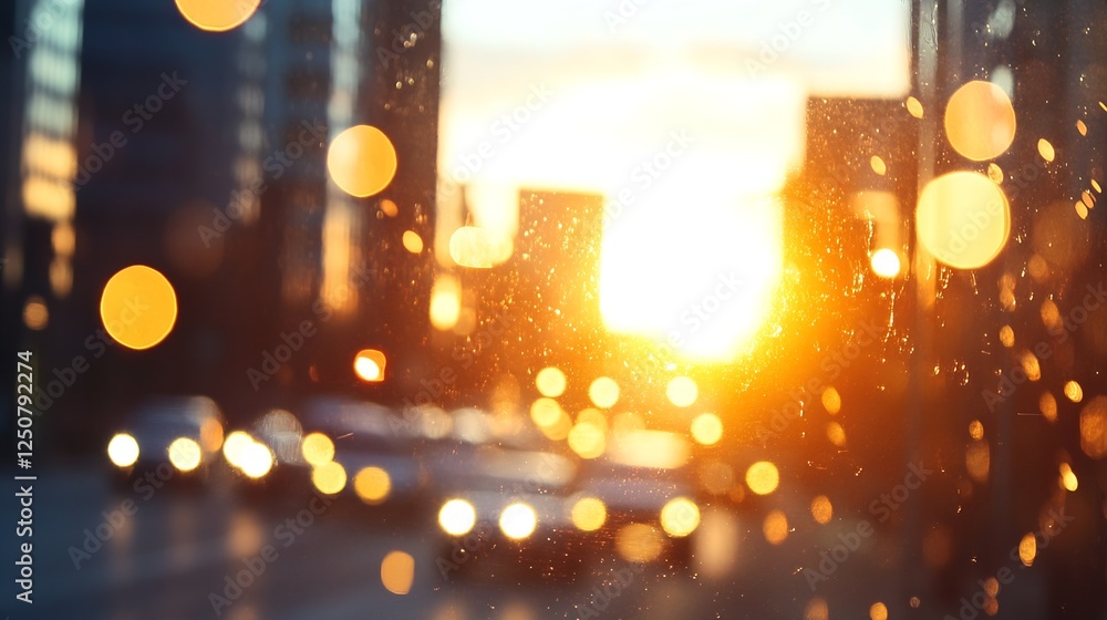 Aufkleber city street at sunset with bokeh effect and warm light creating a dreamy atmosphere : generative ai