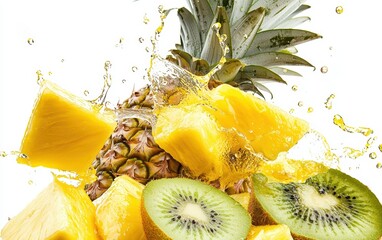 Fresh tropical fruits like pineapple, mango, and kiwi bursting in motion with juice splashes, isolated on white