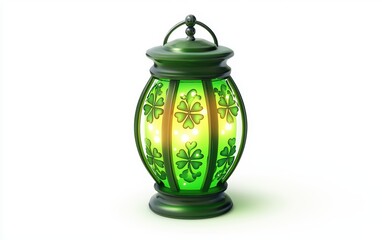 glowing green lantern with shamrocks and Celtic patterns for Saint Patricks Day, isolated on white