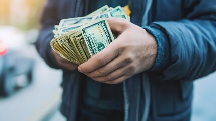 A Person Counting Large Bundles of Cash Outdoors on a Street : Generative AI