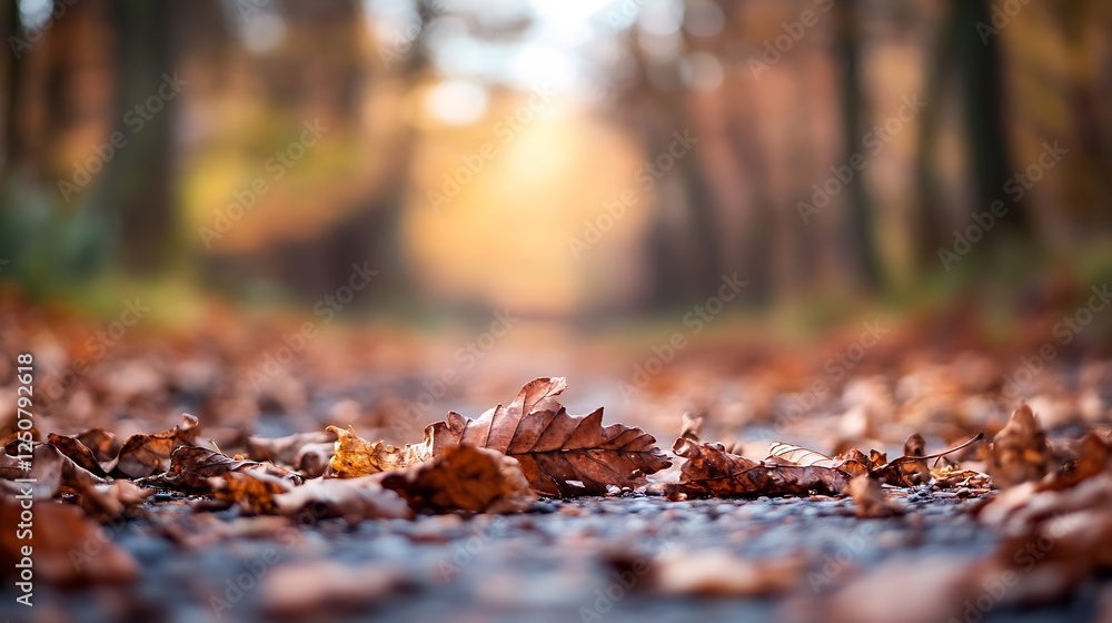 Aufkleber colorful autumn leaves lying on a quiet forest path with soft natural light filtering through trees 
