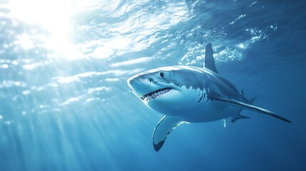 Fototapeta premium Majestic Shark Swimming Gracefully Through Blue Waters With Sun Rays Illuminating Its Path : Generative AI