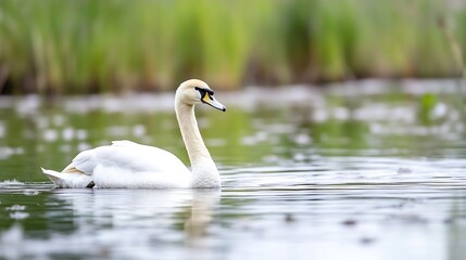 Fototapeta premium Graceful swan gliding through clear waters reflecting lush green surroundings : Generative AI