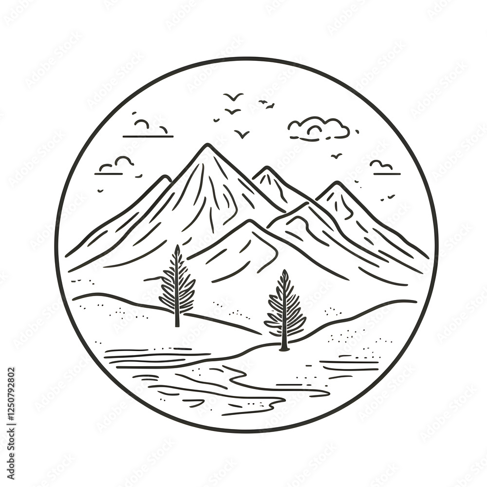 Poster linear icon with mountain range with a small tree