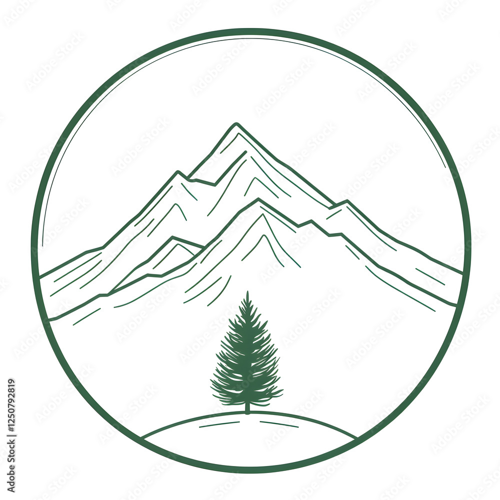 Poster linear icon with mountain range with a small tree