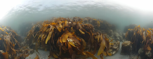 Underwater kelp forest, ocean floor, rocky seabed, VR view