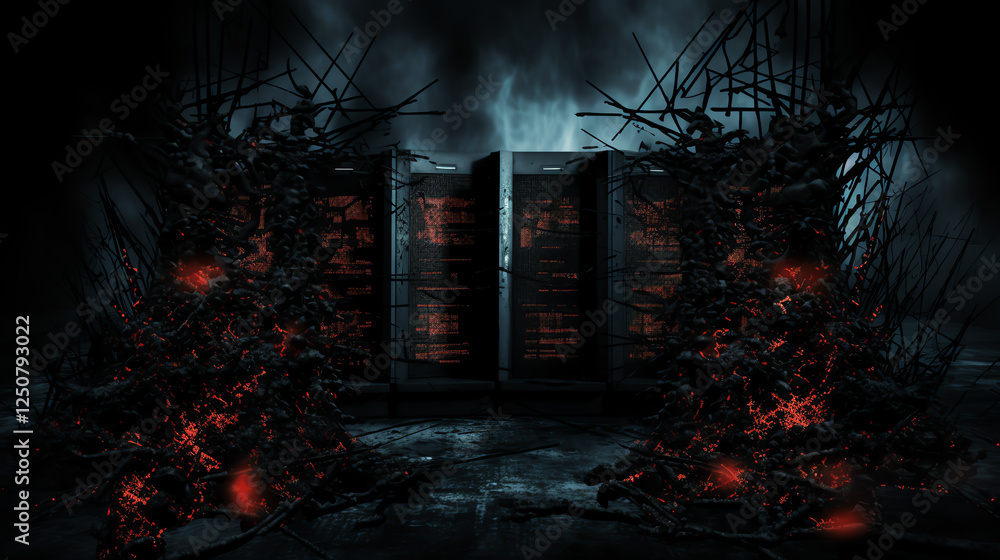 Poster a dark and mysterious server room filled with ominous lighting and chaotic elements, representing th