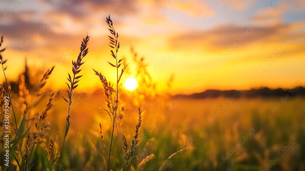 Poster sunset over field with tall grass and warm glow of sun rays in background : generative ai