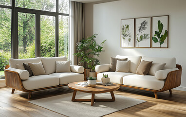 Modern wooden sofa set with armchair and chair in a living room interior