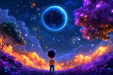 Kids discovering a friendly alien on a distant, vibrant planet. Generative AI