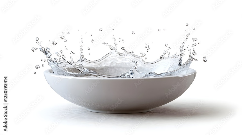 Poster Splash of Clear Water in White Bowl Creating Dynamic Liquid Motion and Transparent Flowing Shapes with Smooth Curves and Refreshing Energy